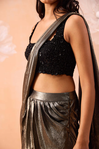 Nirwana Gold Black Draped Sari And Blouse by Parul Gandhi available on Indiaspopup.com