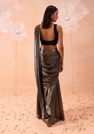 Nirwana Gold Black Draped Sari And Blouse by Parul Gandhi available on Indiaspopup.com