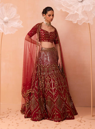 Deep Red Leaf Lehenga Set by Parul Gandhi available on Indiaspopup.com