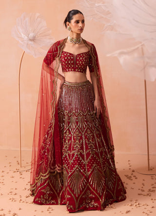 Deep Red Leaf Lehenga Set by Parul Gandhi available on Indiaspopup.com