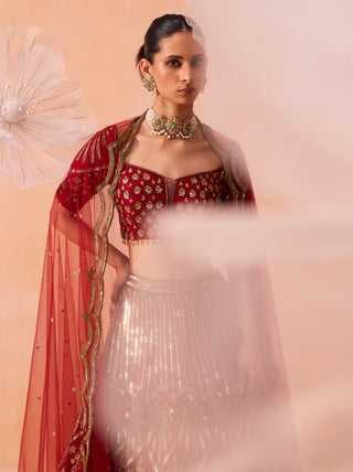 Deep Red Leaf Lehenga Set by Parul Gandhi available on Indiaspopup.com