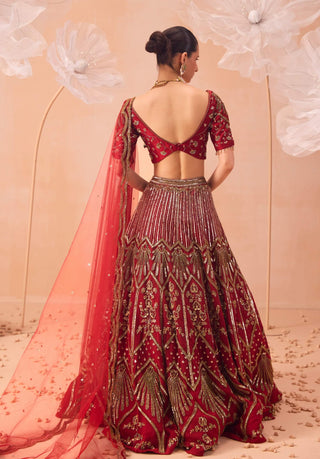 Deep Red Leaf Lehenga Set by Parul Gandhi available on Indiaspopup.com