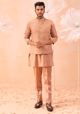 Moondust Rose Gold Bundi Jacket And Kurta Set by Contrast By Parth, available on Indiaspopup.com