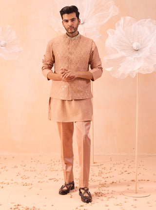 Moondust Rose Gold Bundi Jacket And Kurta Set by Contrast By Parth, available on Indiaspopup.com