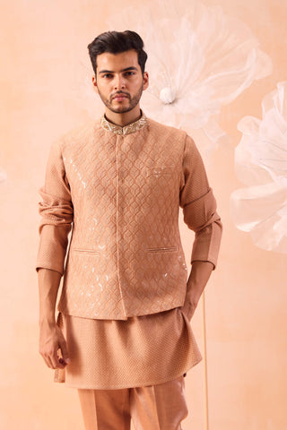 Moondust Rose Gold Bundi Jacket And Kurta Set by Contrast By Parth, available on Indiaspopup.com