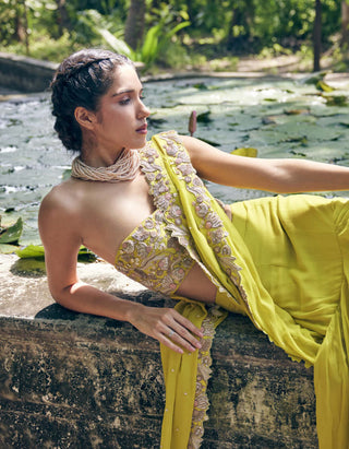Paulmi & Harsh-Lime Yellow Pre-Stitch Sari Set-INDIASPOPUP.COM