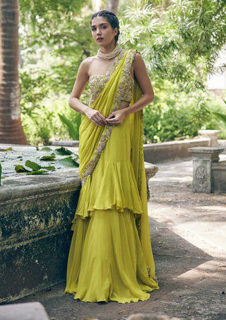 Paulmi & Harsh-Lime Yellow Pre-Stitch Sari Set-INDIASPOPUP.COM