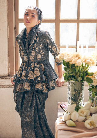 Paulmi & Harsh-Black Deer Printed Sari And Jacket Set-INDIASPOPUP.COM