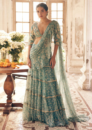 Paulmi & Harsh-Ice Blue Vintage Floral Chiffon Sari And Blouse-INDIASPOPUP.COM