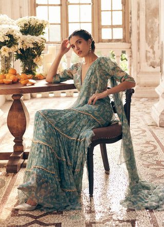 Paulmi & Harsh-Ice Blue Vintage Floral Chiffon Sari And Blouse-INDIASPOPUP.COM