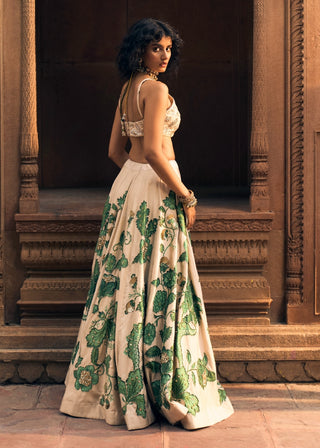 Ivory And Green Floral Lehenga Set by Paulmi & Harsh available on Indiaspopup.com