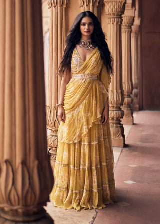 Yellow vintage floral chiffon pre-draped sari set