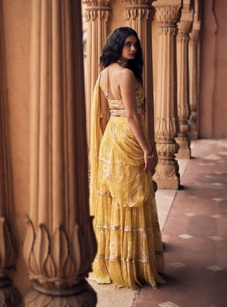 Yellow Vintage Floral Chiffon Pre-Draped Sari Set by Paulmi & Harsh available on Indiaspopup.com