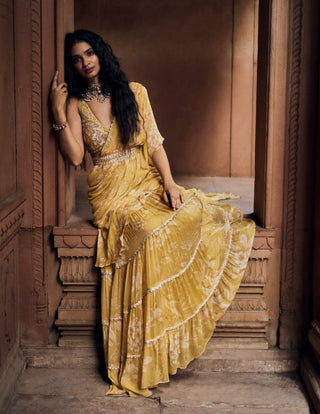 Yellow Vintage Floral Chiffon Pre-Draped Sari Set by Paulmi & Harsh available on Indiaspopup.com