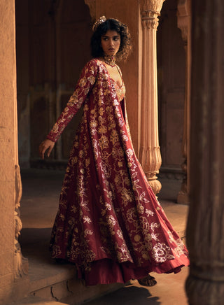 Deep Red Romantic Lehenga Set by Paulmi & Harsh available on Indiaspopup.com