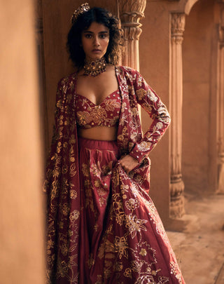 Deep Red Romantic Lehenga Set by Paulmi & Harsh available on Indiaspopup.com