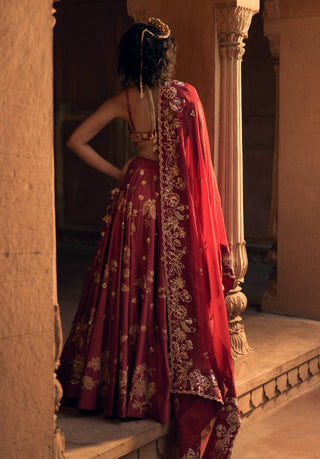 Deep Red Romantic Lehenga Set by Paulmi & Harsh available on Indiaspopup.com