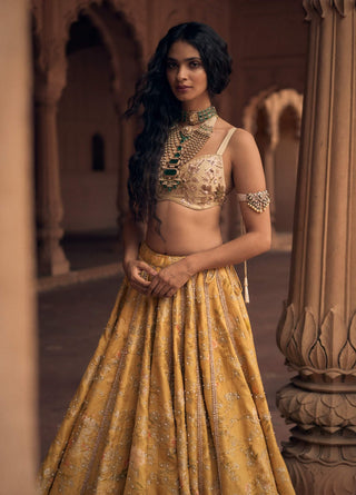 Tuscany Yellow  Jacquard Lehenga Set by Paulmi & Harsh available on Indiaspopup.com