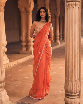 Burnt orange pre-draped sari and corset blouse