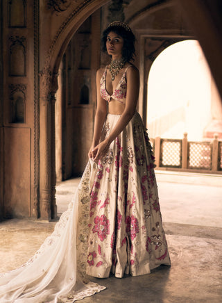 Ivory Pink Floral Print Lehenga Set by Paulmi & Harsh available on Indiaspopup.com