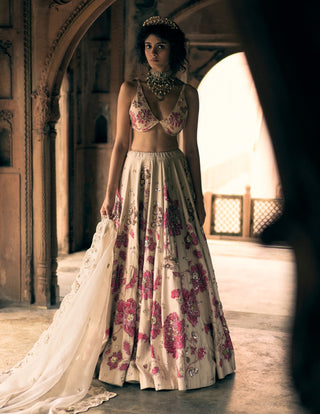 Ivory pink floral print lehenga set