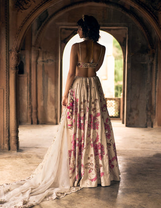 Ivory Pink Floral Print Lehenga Set by Paulmi & Harsh available on Indiaspopup.com