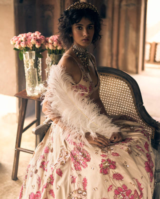 Ivory Pink Floral Print Lehenga Set by Paulmi & Harsh available on Indiaspopup.com