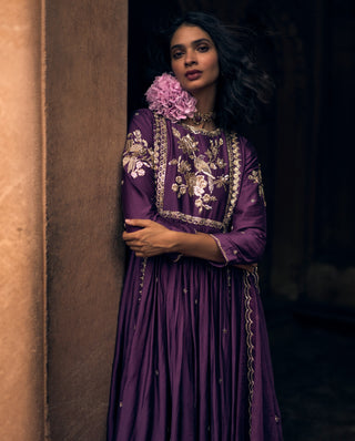 Plum Hand Embroidered Yoke Anarkali Set by Paulmi & Harsh available on Indiaspopup.com