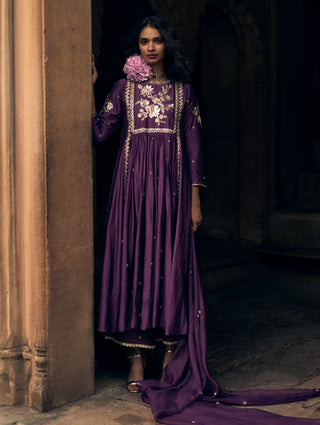 Plum hand embroidered yoke anarkali set