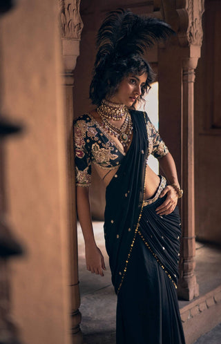 Romantic Black Pre-Stitched Sari Set by Paulmi & Harsh available on Indiaspopup.com