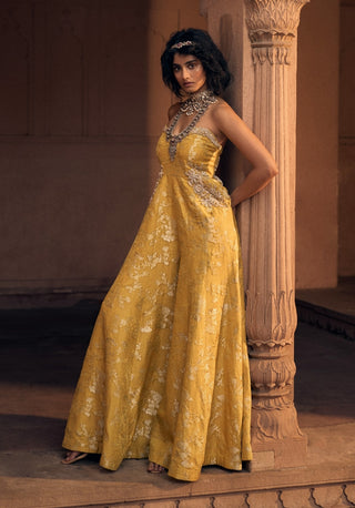 Yellow Floral Jacquard Jumpsuit by Paulmi & Harsh available on Indiaspopup.com