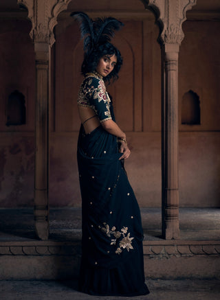 Romantic Black Pre-Stitched Sari Set by Paulmi & Harsh available on Indiaspopup.com