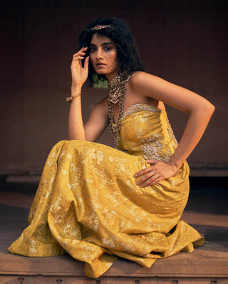 Yellow Floral Jacquard Jumpsuit by Paulmi & Harsh available on Indiaspopup.com