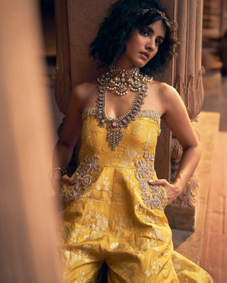 Yellow Floral Jacquard Jumpsuit by Paulmi & Harsh available on Indiaspopup.com