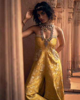 Yellow Floral Jacquard Jumpsuit by Paulmi & Harsh available on Indiaspopup.com