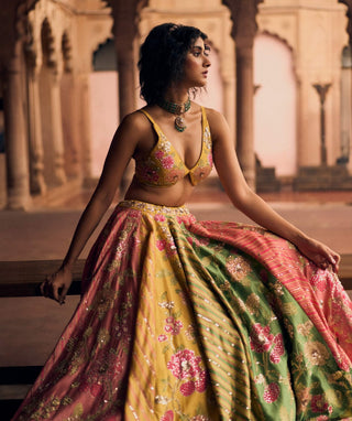 Multicolor Chiniya Printed Lehenga Set by Paulmi & Harsh available on Indiaspopup.com