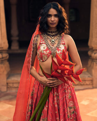 Ethereal Crimson Floral Lehenga Set by Paulmi & Harsh available on Indiaspopup.com