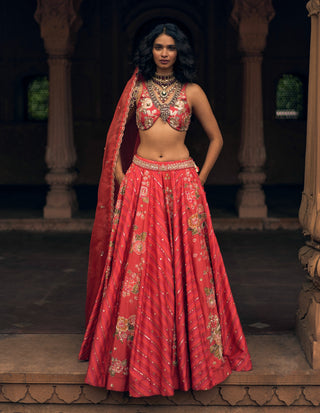 Ethereal Crimson Floral Lehenga Set by Paulmi & Harsh available on Indiaspopup.com