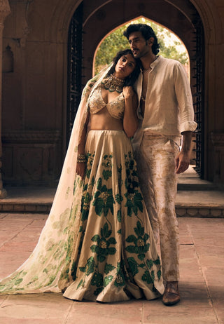 Ivory And Green Floral Lehenga Set by Paulmi & Harsh available on Indiaspopup.com