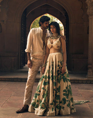 Ivory And Green Floral Lehenga Set by Paulmi & Harsh available on Indiaspopup.com