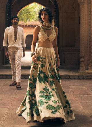 Ivory And Green Floral Lehenga Set by Paulmi & Harsh available on Indiaspopup.com