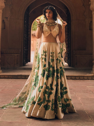 Ivory And Green Floral Lehenga Set by Paulmi & Harsh available on Indiaspopup.com