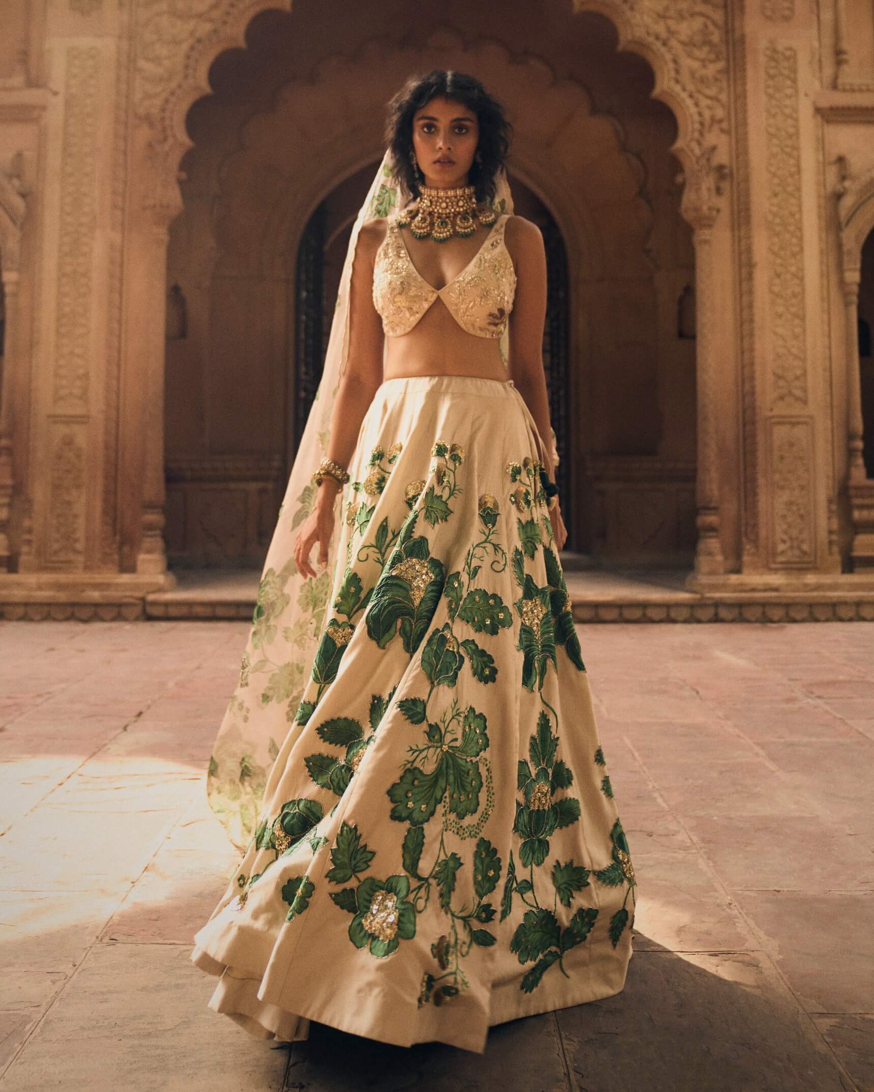 Paulmi & Harsh Ivory And Green Floral Lehenga Set | Indiaspopup.com Paulmi & Harsh Ivory And Green Floral Lehenga Set | Indiaspopup.com