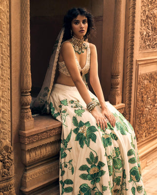 Ivory And Green Floral Lehenga Set by Paulmi & Harsh available on Indiaspopup.com