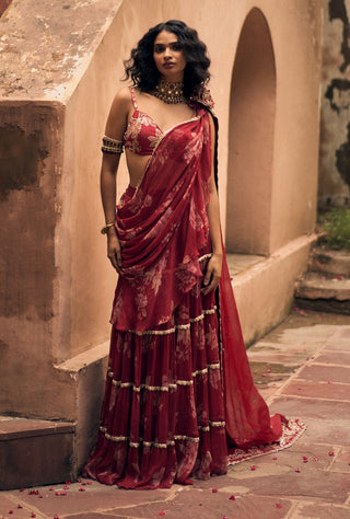 Deep red chiffon pre–draped sari and blouse