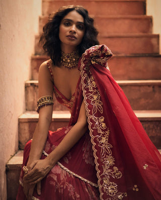 Deep red chiffon pre–draped sari and blouse