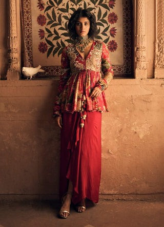 Red Floral Map Printed Peplum And Skirt by Paulmi & Harsh available on Indiaspopup.com