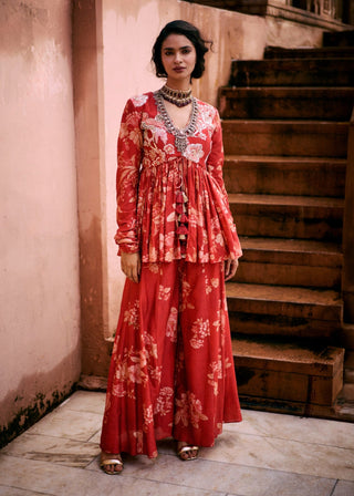 Crimson red printed peplum and palazzo