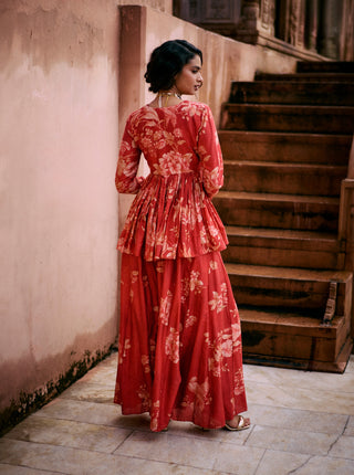 Crimson Red Printed Peplum And Palazzo by Paulmi & Harsh available on Indiaspopup.com