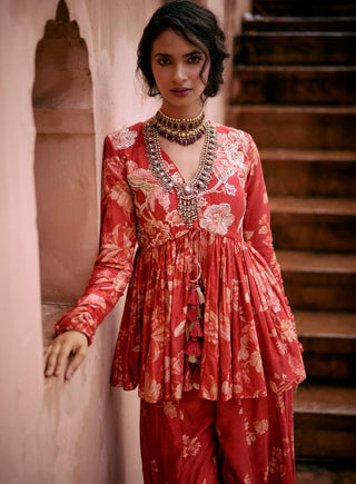 Crimson Red Printed Peplum And Palazzo by Paulmi & Harsh available on Indiaspopup.com